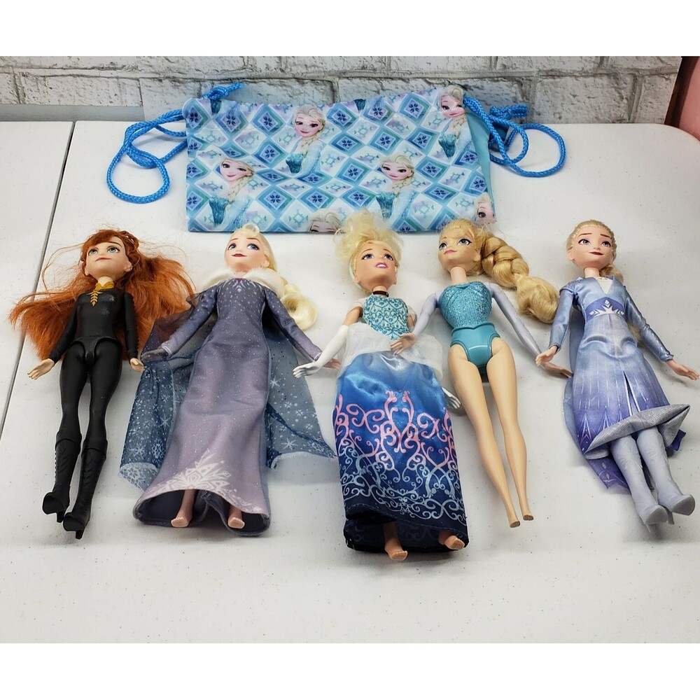 Lot of 5 Disney Frozen & Marvel Black Widow Dolls w/ Singing Elsa and Draw Bag
